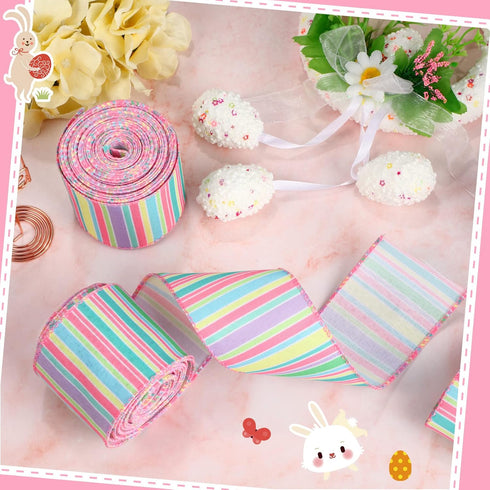2 Rolls 20 Yards Spring Pastel Wired Edge Ribbon Easter Canvas Ribbon Horizontal Stripe Wired Ribbon Decorative Ribbon Easter Craft Ribbon for Wra...