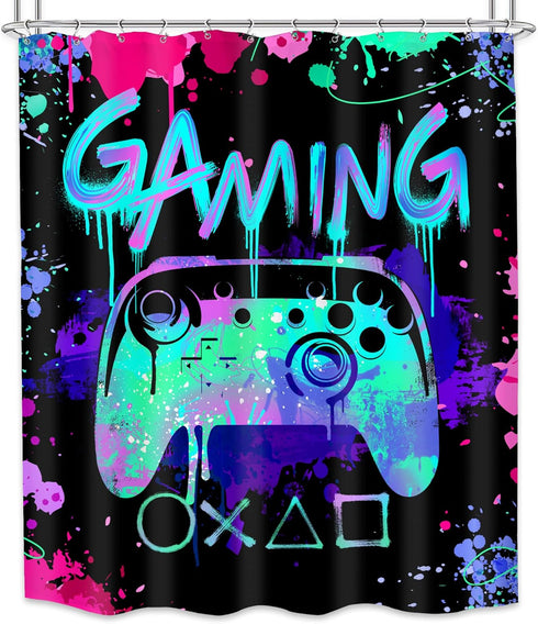 Boys Gamer Shower Curtain Kids Gaming Cool Video Game Teal Neon Controller Bathroom Decor Colorful Graffiti Gamepad Teen Men Unique Cool 72Wx72H B...