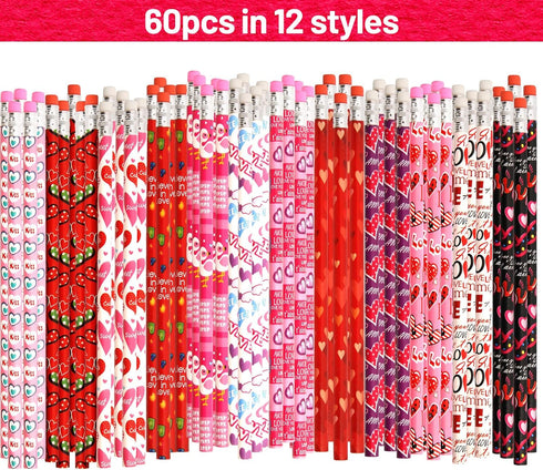 Valentine's Day Pencils for Kids Red Heart Pencils Bulk with Erasers 60 Pcs Valentines Wood Pencils for Goodie Bags Fillers Exchange Gifts School ...