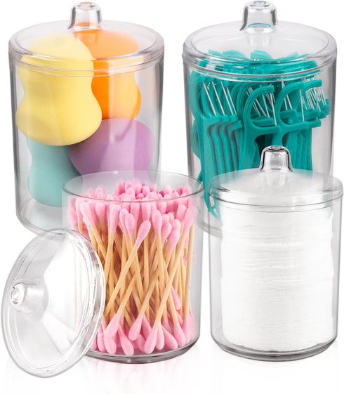 Qtip Holder Pack of 4, Vanity Makeup Organizer Storage, Clear Plastic Apothecary Jars with Lids, Organizer Storage for Cotton Swabs, Cotton Balls,...