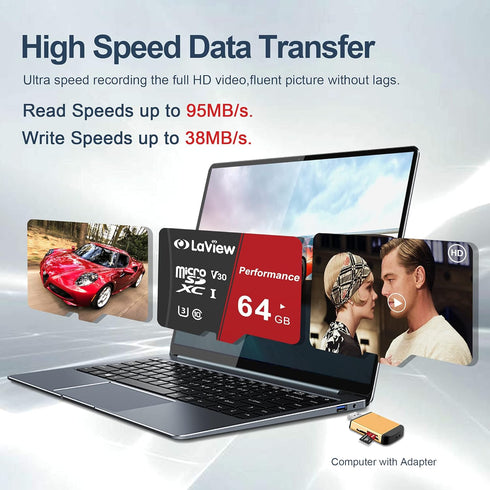 LaView 64GB Micro SD Card, Micro SDXC UHS-I Memory Card – 95MB/s,633X,U3,C10, Full HD Video V30, A1, FAT32, High Speed Flash TF Card P500 for Comp...