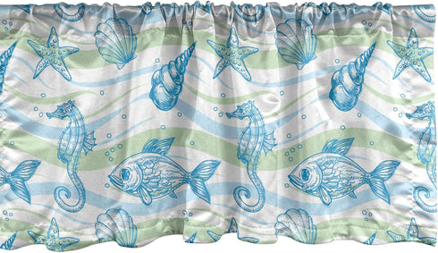 Ambesonne Nautical Window Valance, Marine Ocean Shell Starfish Oyster Mollusk Sea Horse Underwater Aquatic Pattern, Curtain Valance for Kitchen Be...