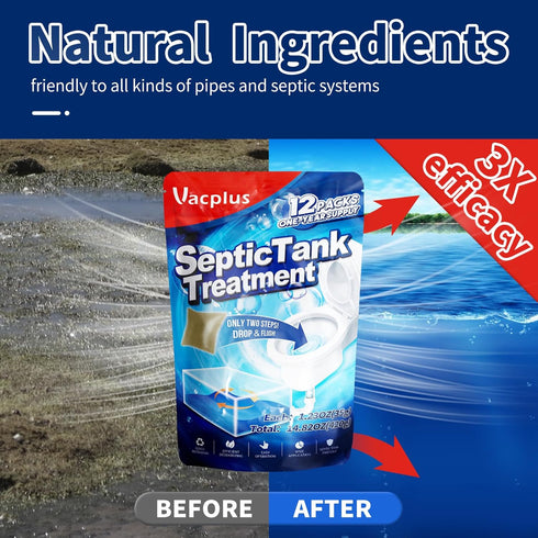 Vacplus Septic Tank Treatment - 12 Packs for 1-Year Supply, Flushable & Dissolvable Septic Tank Treatment Packets with Easy Operation, Biodegradab...