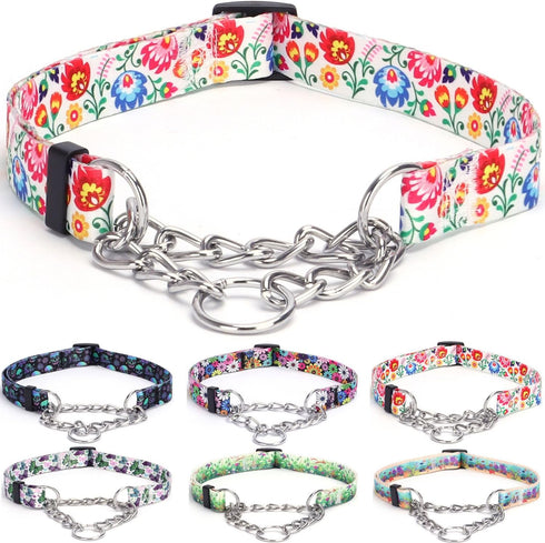 Martingale Collar, Training Dog Collar, Stainless Steel Chain Pet Collar for No Pull Dog Walking Flowers Design Large Medium Small Dogs (XL, White...