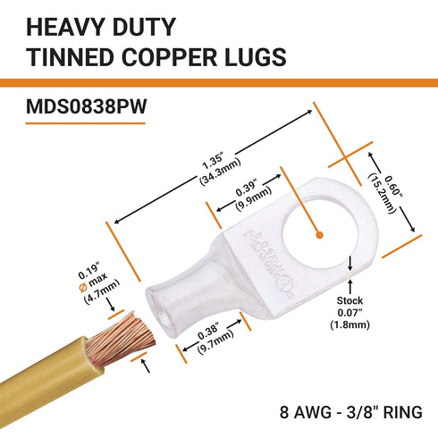 SELTERM 25pcs 8 AWG 3/8" Stud Marine Grade Tinned Copper Battery Cable Lugs, 8 Gauge Ring Terminals, UL Wire Lugs Electrical Battery Cable Ends, T...