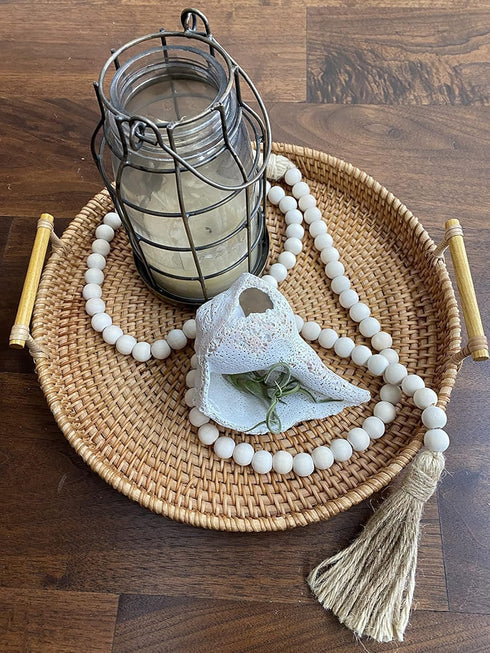 LSKYTOP 58 Inches Wood Bead Garland with Tassel,Farmhouse Rustic Prayer Boho Wooden Beads for Tiered Tray Coffee Table Mantel Decor (1 Pack)...