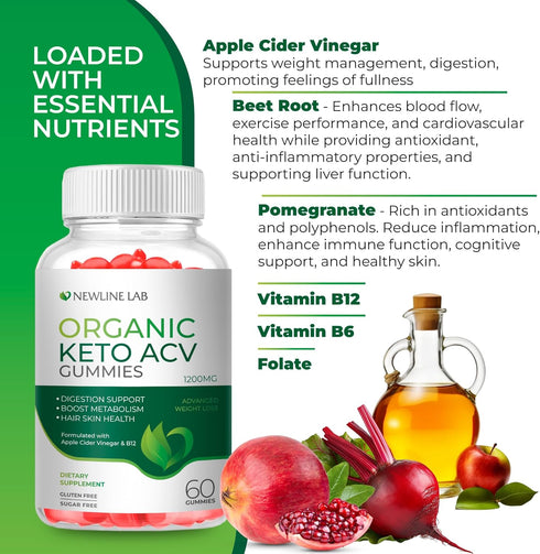 Organic Keto ACV Gummies - Sugar-Free Gluten-Free Apple Cider Vinegar Supplement for Women Men - B12 Vegan & Non-GMO (1200mg)...