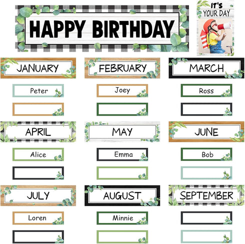 116Pcs Eucalyptus Birthday Bulletin Board Set Classroom Happy Birthday Chart Cutouts Name Plates Decorations for Calendars Bulletin Boards Wall Pr...