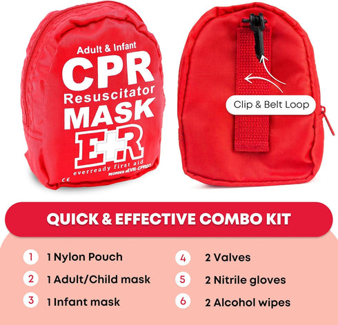 Adult and Infant CPR Mask Combo Kit – Includes 2 CPR Masks with One-Way Valves, Pair of Vinyl Gloves, 2 Alcohol Prep Pads – Portable Emergency CPR...