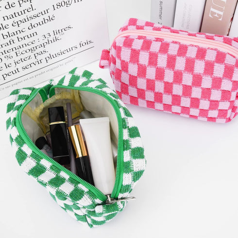 2 Pieces Makeup Bag Pouch Checkered Cosmetic Bag Pink Green, Travel Toiletry Bag Organizer Cute Makeup Brushes Storage Bag for Women...