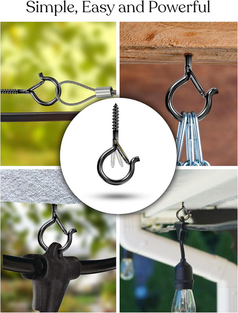 Brightech String Light Screw Hooks - Ceiling Hooks for Hanging Solar, Plug-in Lights, Outdoor String Lights - Q Hooks with Safety Buckle Design fo...