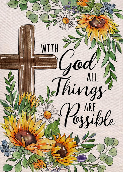 With God All Things Are Possible Christian Decorative Garden Flag, Religious Cross Sunflower Spring Summer Easter Yard Outside Decorations, Inspir...
