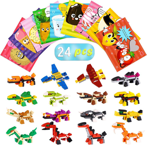 Geefuun 24 Sets Valentines Cards for Kids - 24 Scratch Off Jokes Cards + 24 Dinosaur Building Blocks Classroom School Exchange Gifts Love Party Fa...