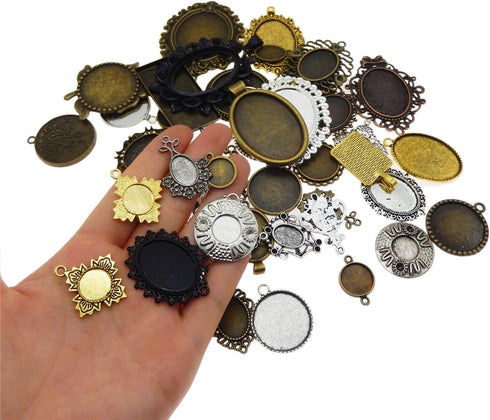 Julie Wang 40PCS Antiqued Bronze Silver Bezel Tray Pendant Blanks Base Charms for Resin Mold Setting Photo Necklace Jewelry Making No Duplicates...