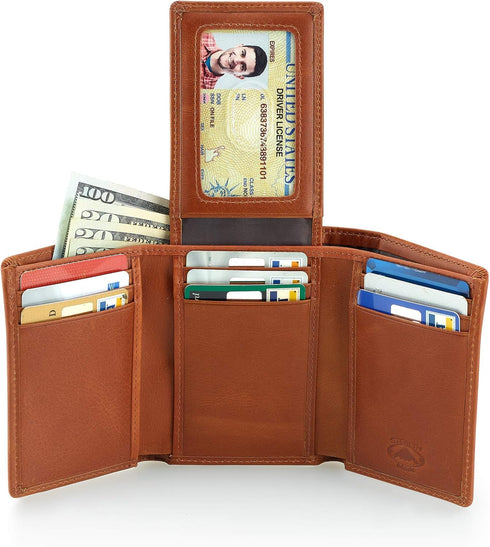 Stealth Mode Trifold Wallet - RFID Blocking Wallet with Flip ID Holder - Leather Case for Money, Credit Cards - Mens Organizer, Divided Billfold, ...