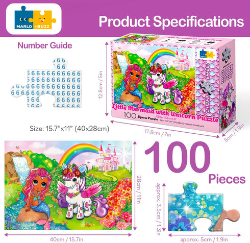 Marlo&Buzz 100-Piece Glitter Jigsaw: Unicorn and Mermaid Princess Puzzles Designed for Kids ages 4-8. Large Pieces for Little Hands, Easy Daily Fu...