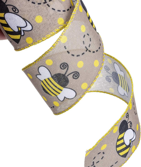 ATRBB Honey Bee Wired Edge Ribbon, Cute Honeybee and Polka Dot Print Ribbon for Wreaths, Gift Wrapping and Party Decoration, 10 Yards by 2.5 Inche...
