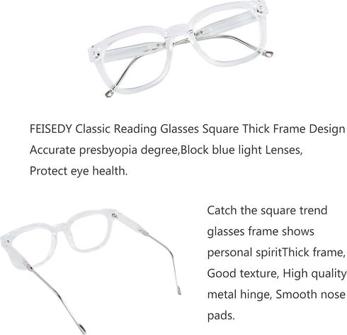 FEISEDY Classic Reading Glasses Square Blue Light Blocking Women Men Reader Glasses B2648...