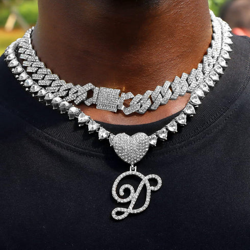 Silver Cuban Link Chain for Women Cursive Initial Layered Necklaces Heart Shape Bling Diamond Iced Out Pendant Necklace for Women 2PCS Hip Hop Cha...