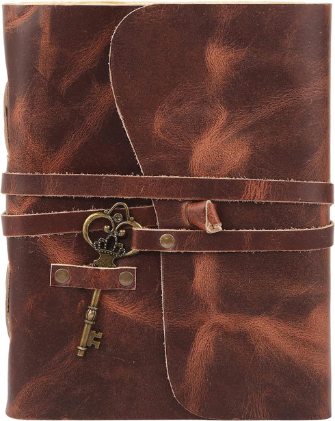 Leather Journal with lined Deckle Edge Paper 8x6 inch and Vintage Key/Handmade Writing Notebook Diary/Bound Daily Notepad for Men & Women Medium, ...