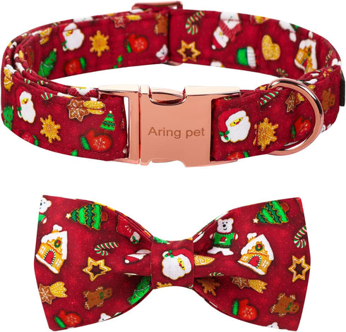 ARING PET Christmas Dog Collar, Cute Santa Claus Dog Collar with Bowtie, Cotton Red Christmas Dog Collar Bow with Metal Buckle for Small Medium La...