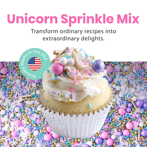 Sprinkle Pop Unicorn Sprinkle Mix| Pastel Pink Purple Blue White Sprinkles with ~20 Unicorn Wafer Paper and Gold Dragees Made in USA for Decoratin...