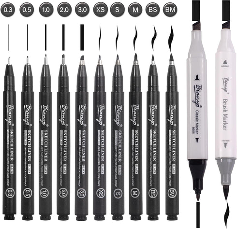 Bianyo Micro Drawing Pens Art Supplies - 10 Assorted Art Pens + 2 Black Art Markers, Upgraded Pigment Water-Resistant Archival Ink, Bonus Pouch Ba...