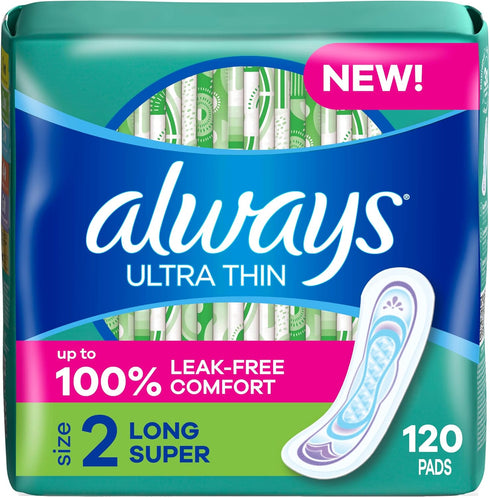 Always Ultra Thin Feminine Pads without Wings for Women, Size 2, Long Super Absorbency, Unscented, 40 Count x 3 Pack (120 Count total) (Packaging ...