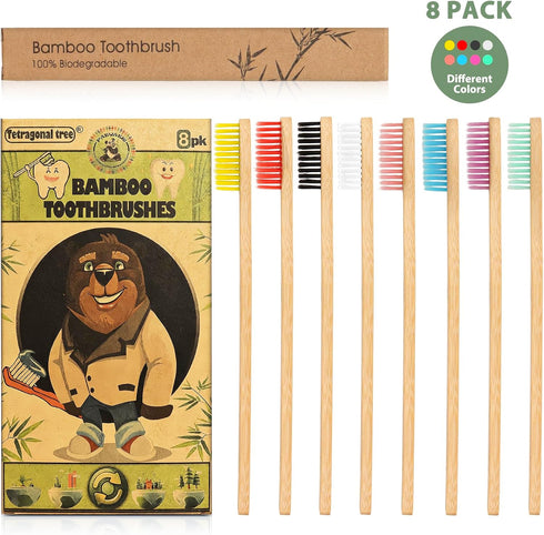 8 Count Biodegradable Bamboo Toothbrushes - Natural Toothbrush Value Pack - Extra Soft Toothbrush for Adults, Good for Sensitive Teeth and Gums...