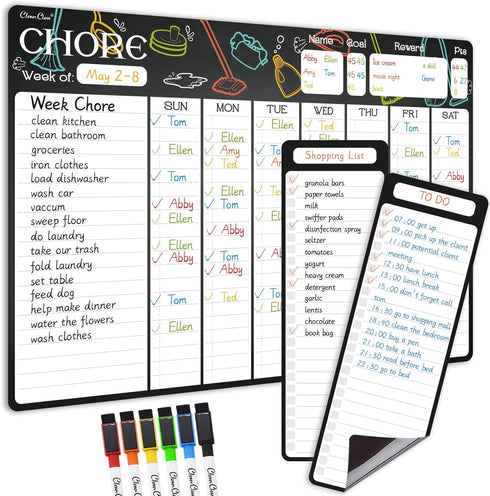 Magnetic Dry Erase Chore Chart - 17"x12" Behavior Responsibility Chore Chart for Kids, Teens, Adults - 4"x12" List Board 2 Pcs - 6 Extra Fine Poin...