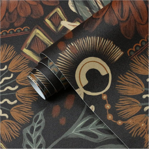 HAOKHOME 93291 Wallpaper Peel and Stick Floral Boho Brown/PeachPuff/Green Retro Wall Decor Bathroom Removable Mural 17.7in x 9.8ft...