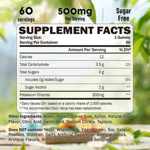 Potassium Gummies 500mg for Adults, 60 Servings, Sugar-Free Potassium Chloride Gummies, Heart Health & Muscle Relief for Women Men, Electrolyte Ba...