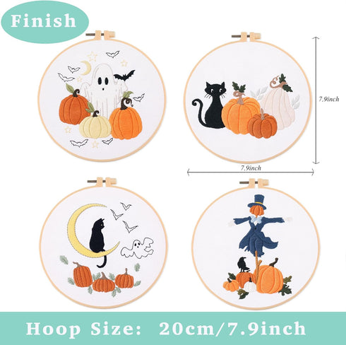 REEWISLY Halloween 4pcs Embroidery Kits with Patterns and Instructions, DIY Adult Beginner Embroidery Kits, Including 4 Plastic Embroidery Rings, ...