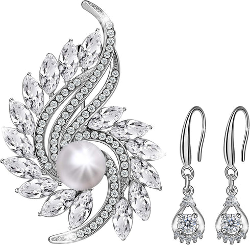 Party Holiday Wedding Brooch for Women and 925 Sterling Silver Earrings with Glitter Pearl Rhinestone Jewelry Set for Women...