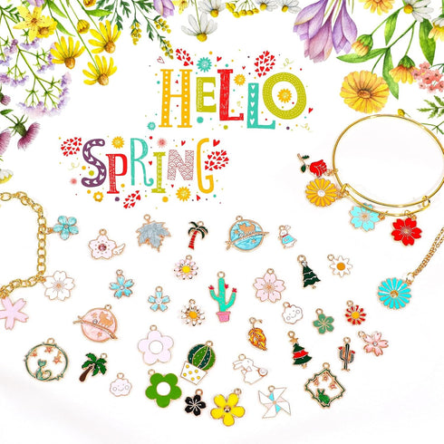 MARFOREVER 120 Pcs Spring Summer Floral Themed Charms, Flower Charms for Jewelry Making, Assorted Gold Enamel Charm Pendants for DIY Necklace Brac...