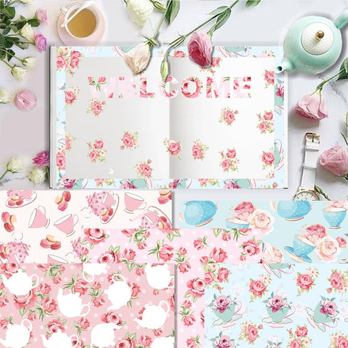 Tea Party Scrapbook Paper Pad,24 Pcs Tea Party Double-Sided Decopodge Paper,Cardstock Paper for Scrapbooking DIY Decorative Background Cardmaking ...