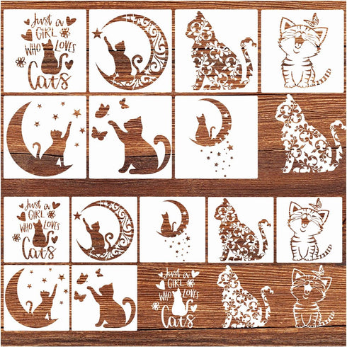 14 Pcs Cat Stencils for Painting on Wood Canvas Shirt, Small Large Flower Moon Cat Stencil Plastic Shirt Fabric Stencils for Painting on Wall Wood...