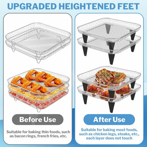 Air Fryer Accessories with 8pcs Foot Cover - 8" Square 3 Stackable Dehydrator Racks Fits 5.8 QT Air Fryer Racks for Cosori, Instant Vortex, Nuwave...