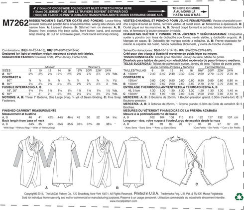 McCall's Patterns M7262 Misses'/Women's Sweater Coat & Poncho, RR (18W-20W-22W-24W)...