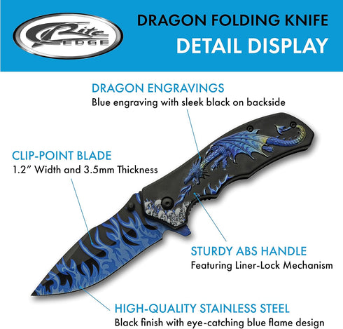 SZCO Supplies 8” Blue Dragon Decaled Liner Lock Folding Knife with Pocket Clip...