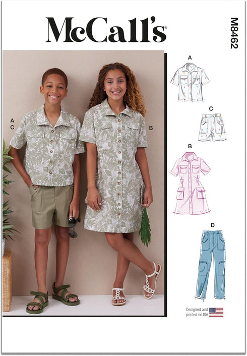 McCall's Boys Sleeve Shirt, Pants, Shorts and Girls' Dress Sewing Pattern Packet, Design Code M8462, Sizes 7-8-10-12-14, Multicolor...