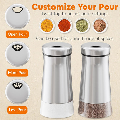 HOME EC Original Salt and Pepper Shakers Set with Adjustable Pour Holes - Glass and Stainless Steel Salt Shaker and Pepper Shaker - Farmhouse Spic...