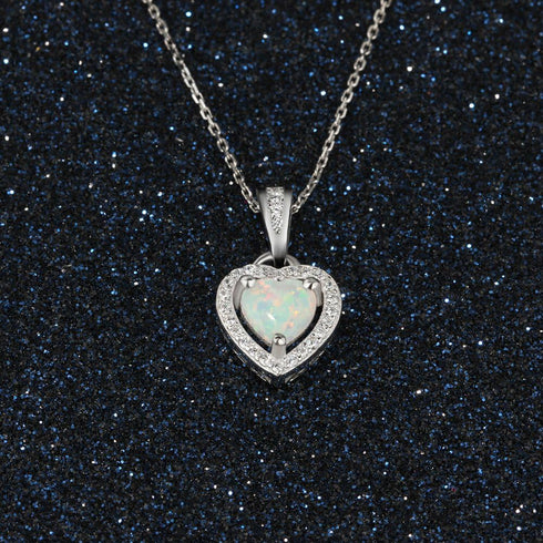 Sterling Silver Heart Shape Created Opal Pendant Necklace (6mm Opal Halo Heart)...