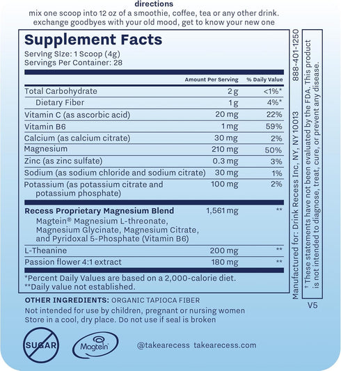 Recess Mood Powder, Calming Magnesium L-Threonate Blend with Passion Flower, L-Theanine, Electrolytes, Magnesium Calm Support Powder Supplement - ...