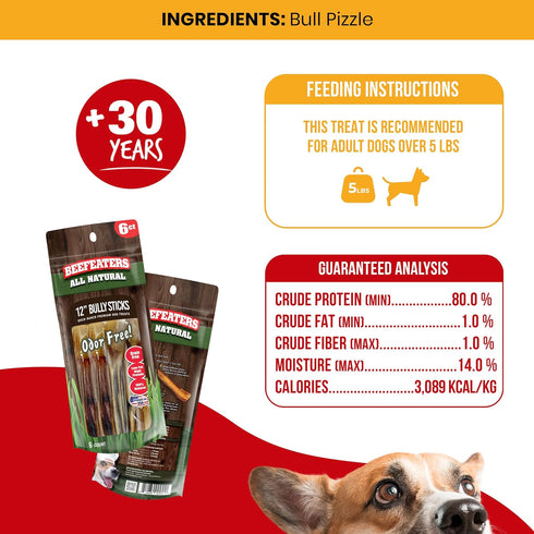 Beefeaters Dog Treats - 12in Bully Sticks, 6ct | All-Natural, Highly Digestible | Dog Food Promotes Dental Health | No Additives or Preservatives ...
