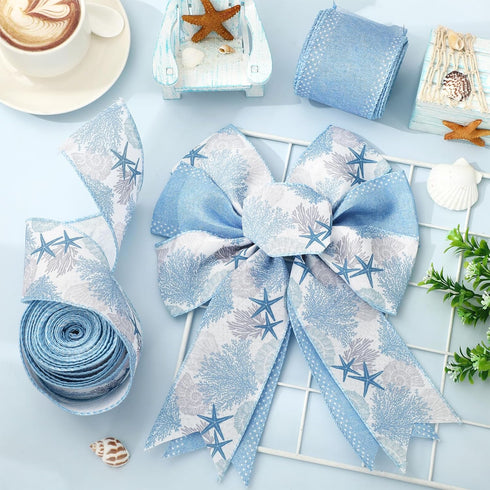 Blue Coral Starfish Wired Edge Ribbon Ocean Sea Craft Ribbon Summer Fabric Ribbon for Wreath Bow Making DIY Crafts Wrapping Party Decor, 2 Rolls, ...