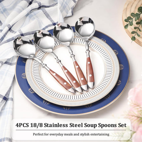 Soup Spoons?4Pcs Soup Spoons Set?Stainless Steel 18/8 Spoons with Comfortable Bakelite Handle?Heavy-Weight Metal Round Spoons?Wood Grain Handle...