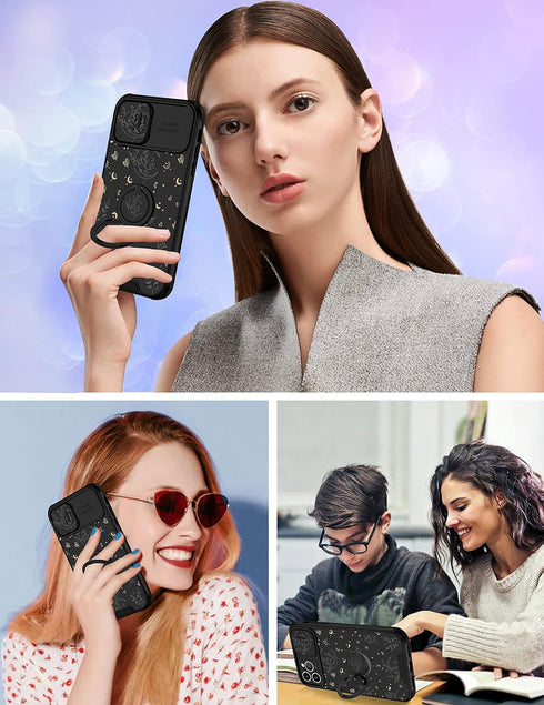 Goocrux (2in1 for iPhone 11 Pro Max Case Moon Plants Women Girls Cute Phone Cover Flower Heart Stars Space Design with Slide Camera Cover+Ring Fas...