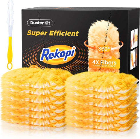 Super Efficient Duster Kit with 12 Duster Refills & 1 Handle, Multisurface 360° Dusters with 4X Microfibers, Unscented Disposable Dusters for Clea...