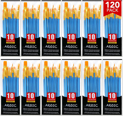 AROIC Acrylic Paint Brush Set, 12pack/120pcs Nylon Hair Paint Brushes, for Oil Painting Rock Body Painting, Artist Amateur Craft Paint Brushes Sup...
